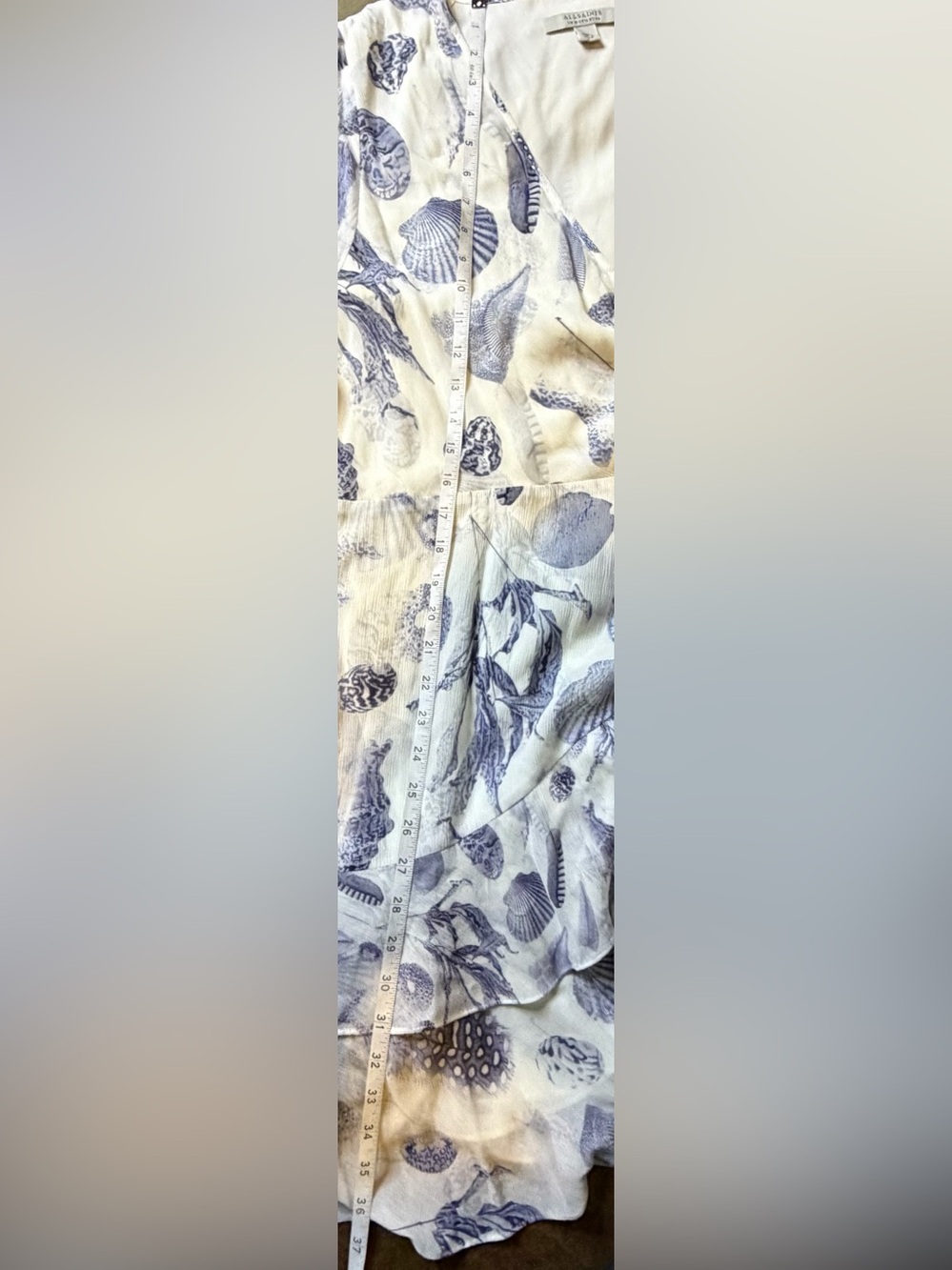AllSaints Ari Oceano Dress Blue White Seashell Print Ruffle Midi Dress Size 12 - Picture 9 of 9